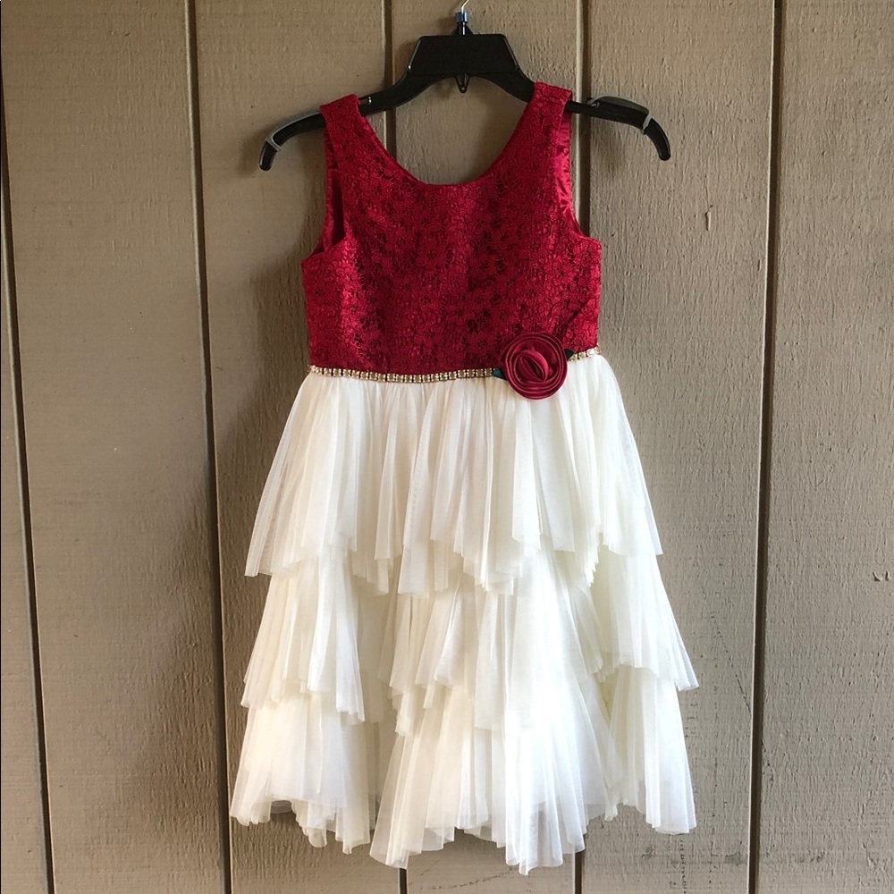 American Princess Red and White Tiered Lace Party Dress for Girls
